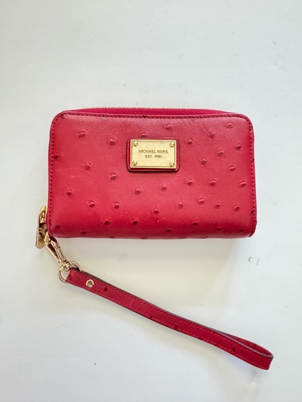 Michael Kors Red Ostrich Leather Small Wallet Wristlet Zip Around